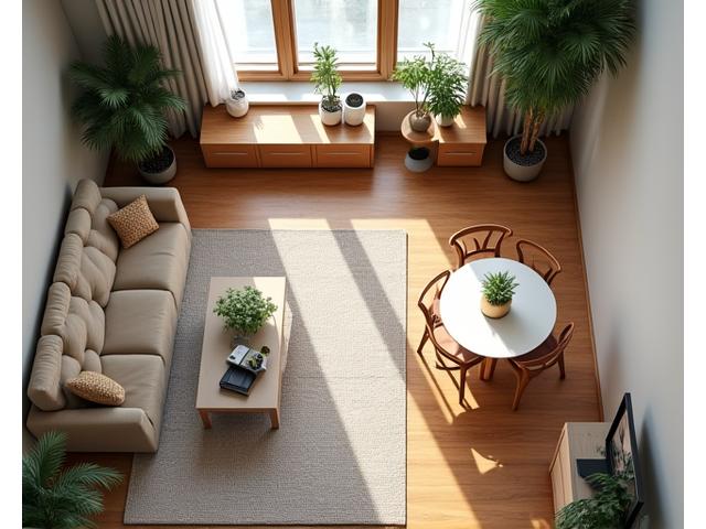 Open-plan studio apartment with strategically placed furniture, creating clear zones for living, dining, and sleeping, enhancing perceived space and natural light.